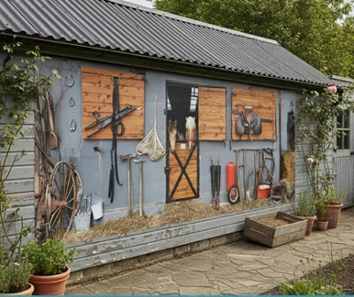 B&Q -  Horse Stable Garden Mural Curtain Waterproof Outdoor Tapestry Equestrian Stable Wall Art Patio Fence Decor Panel W400Cm H180Cm