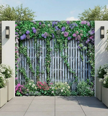 Mural Gardens Floral Grey Fence Garden Mural Curtain Waterproof Outdoor Tapestry Distressed Wood Wall Art Patio Backdrop W180Cm X  H180Cm from B&Q