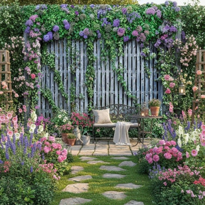 Mural Gardens Floral Grey Fence Garden Mural Curtain Waterproof Outdoor Tapestry Distressed Wood Wall Art Patio Fence Decor Panel W240Cm H180Cm from B&Q