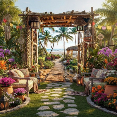 Mural Gardens Goa Beach Shack Garden Mural Curtain Waterproof Outdoor Tapestry Tropical Palm Wall Art Coastal Fence Decor Panel W180Cm H180Cm from B&Q