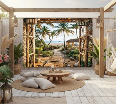 Mural Gardens Goa Beach Shack Garden Mural Curtain Waterproof Outdoor Tapestry Pergola Gazebo Wall Art Coastal Fence Decor Panel W240Cm H180Cm from B&Q