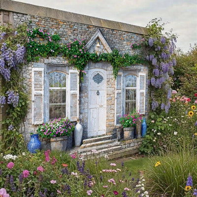 Mural Gardens French Shutter Door Garden Mural Curtain Waterproof Outdoor Tapestry Rustic Stone Wall Art Patio Fence Decor Panel W240Cm H180Cm from B&Q