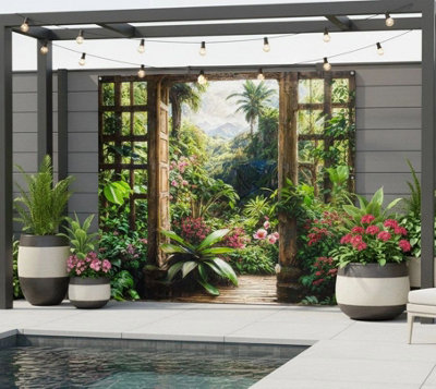 Mural Gardens Tropical Window View Garden Mural Curtain Waterproof Outdoor Tapestry Gazebo Hot Tub   Wall Art Backdrop W180Cm H180Cm from B&Q
