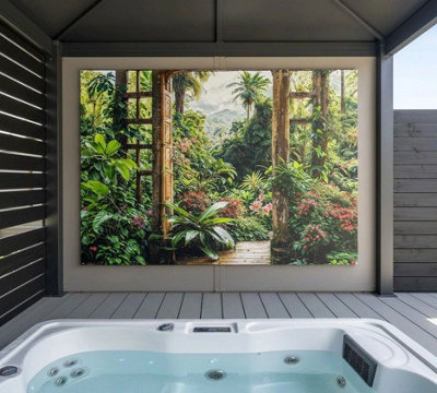 Mural Gardens Tropical Window Garden Mural Curtain Waterproof Outdoor Tapestry Gazebo Hot Tub Poolside Patio Backdrop Wall Art W240Cm H180Cm from B&Q
