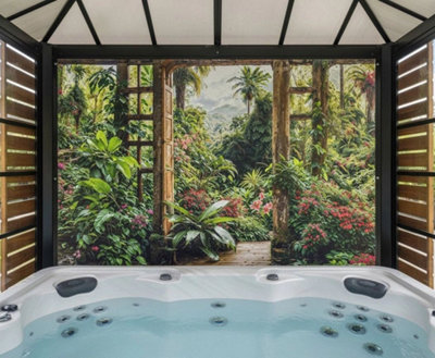 Mural Gardens Tropical Window View Garden Mural Curtain Waterproof Outdoor Tapestry Gazebo Hot Tub Patio Fence Jungle Wall Art W300Cm H180Cm from B&Q