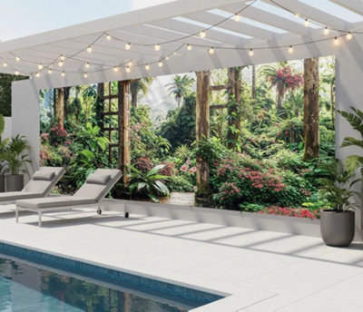 Mural Gardens Tropical Window View Garden Mural Curtain Waterproof Outdoor Tapestry Poolside Patio Backdrop Lush Jungle Wall Art W600Cm H180Cm from B&Q