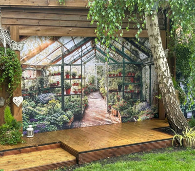 B&Q -  Greenhouse Garden Mural Curtain Waterproof Outdoor Tapestry Botanical Plant Wall Art Patio Fence Decor Panel W300Cm H180Cm