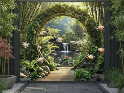 Mural Gardens Tropical Moon Gate Waterfall Garden Mural Curtain Waterproof Outdoor Tapestry Jungle Wall Art Exotic Fence Decor W180Cm H180Cm from B&Q