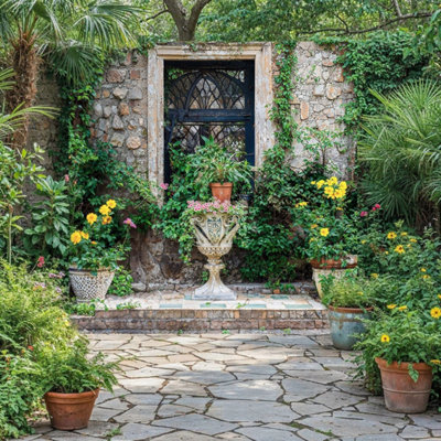 Mural Gardens Italian Courtyard Patio Garden Mural Curtain Waterproof Outdoor Tapestry Rustic Stone Wall Art Fence Decor Panel W180Cm H180Cm from B&Q