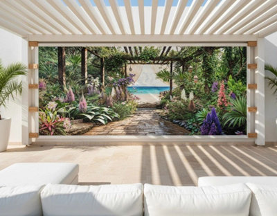 Mural Gardens Caribbean Sea View Garden Mural Curtain Waterproof Outdoor Tapestry Gazebo Poolside Backdrop Coastal Wall Art W500Cm H180Cm from B&Q