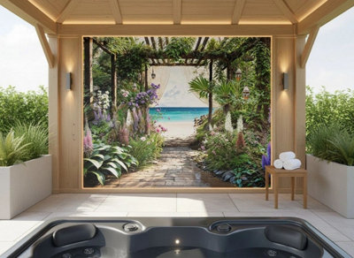 Mural Gardens Caribbean Sea View Garden Mural Curtain Waterproof Outdoor Tapestry Tropical Pergola Wall Art Coastal Fence Decor W240Cm H180Cm from B&Q