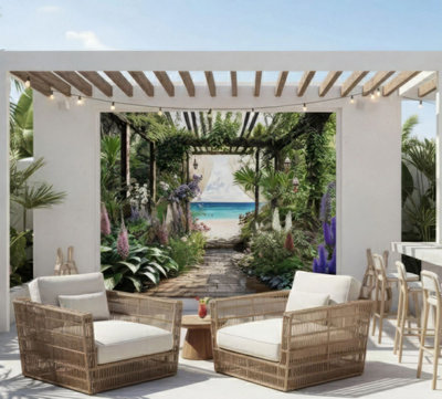 Mural Gardens Caribbean Sea View Garden Mural Curtain Waterproof Outdoor Tapestry Tropical Pergola Wall Art Coastal Fence Decor W180Cm H180Cm from B&Q