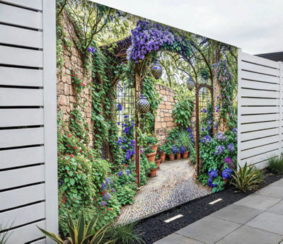 Mural Gardens Mediterranean Stone Wall Garden Mural Curtain Waterproof Outdoor Tapestry Floral Courtyard Wall Art Patio Fence W240Cm H180Cm from B&Q