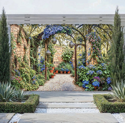 Sabrikas Mediterranean Garden Mural Tapestry Curtain Waterproof Outdoor Wall Art Hanging W300Cm X H180Cm from B&Q