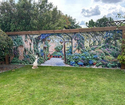 Mural Gardens Mediterranean Stone Wall Garden Mural Curtain Waterproof Outdoor Tapestry Floral Courtyard Wall Art Patio Fence W600Cm X H180Cm from B&Q