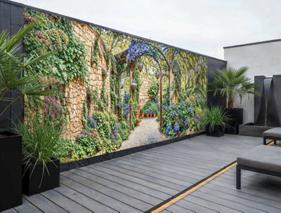 Mural Gardens Mediterranean Stone Wall Garden Mural Curtain Waterproof Outdoor Tapestry Floral Courtyard Wall Art Patio Fence W500Cm H180Cm from B&Q