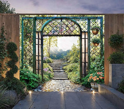 Mural Gardens Art Deco Garden Archway Mural Curtain Waterproof Outdoor Tapestry Elegant Garden Wall Art Patio Fence Decor Panel W180Cm H180Cm from B&Q