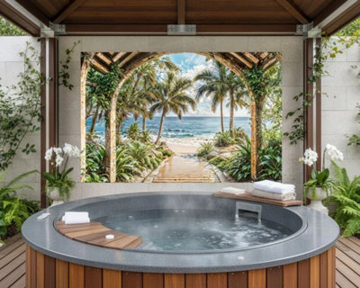Mural Gardens Gazebo Beach View Garden Mural Curtain Waterproof Outdoor Tapestry Hot Tub Backdrop Patio Fence Tropical  Wall Art W300Cm H180Cm from B&Q