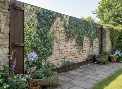 Mural Gardens Rustic Ivy Stone Wall Garden Mural Curtain Waterproof Outdoor Tapestry Walled Garden Backdrop Fence Decor Panel W500Cm H180Cm from B&Q