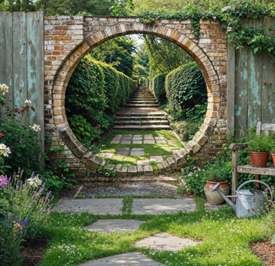 Mural Gardens Brick Wall Moongate Secret Garden Mural Waterproof Outdoor Tapestry Backdrop Wall Art Fence Decor Panel W180Cm H180Cm from B&Q