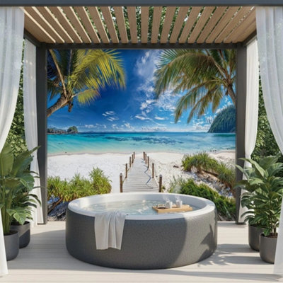 Mural Gardens Tropical Beach Shore Garden Mural Curtain Waterproof Outdoor Tapestry Poolside Gazebo Hot Tub Backdrop Wall Art W180Cm H180Cm from B&Q