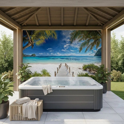 Mural Gardens Tropical Beach Shore Garden Mural Waterproof Outdoor Tapestry Gazebo Hot Tub Backdrop Coastal Fence Decor W240Cm H180Cm from B&Q