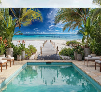 Mural Gardens Tropical Beach Shore Garden Mural Waterproof Outdoor Wall Art Seaside Tapestry Coastal Backdrop Fence Hanging W400Cm H180Cm from B&Q