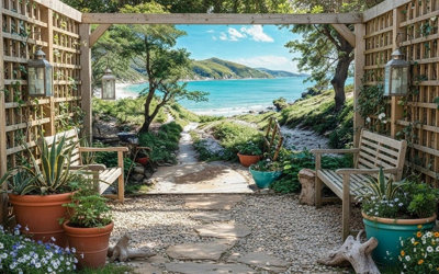 Mural Gardens Sandy Cliff Beach Garden Mural Curtain Waterproof Outdoor Tapestry Coastal Pathway Wall Art Seaside Fence Decor W300Cm H180Cm from B&Q