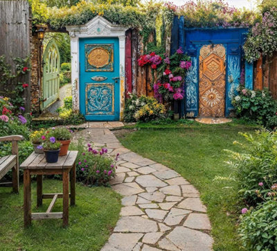 Mural Gardens Rustic Blue Shutters Garden Mural Curtain Waterproof Outdoor Tapestry Wall Art Patio Fence Decor Panel W240Cm H180Cm from B&Q