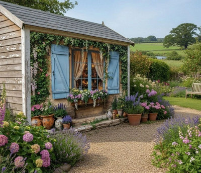 Mural Gardens Rustic Blue Shutters Garden Mural Curtain Waterproof Outdoor Tapestry Wall Hanging Art Patio Fence Decor Panel W300Cm H180Cm from B&Q