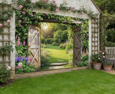 Mural Gardens Rustic Wooden Gates Garden Mural Waterproof Outdoor Tapestry Privacy Screen Wall Hanging Backdrop Fence Decor Panel W300Cm H180Cm from B&Q