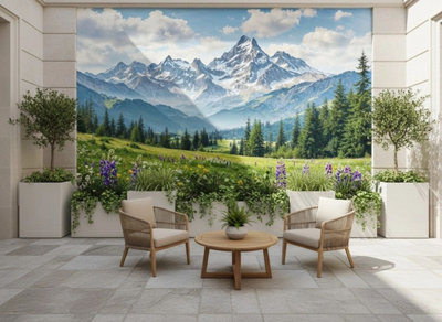 Mural Gardens Alpine Mountain Landscape Garden Mural Waterproof Outdoor Tapestry Stream Wildflower Wall Art Scenic Backdrop W240Cm H180Cm from B&Q