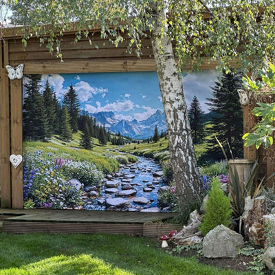 Mural Gardens Alpine Mountain Landscape Garden Mural Waterproof Outdoor Tapestry Stream Wildflower Wall Art Scenic Backdrop W300Cm H180Cm from B&Q