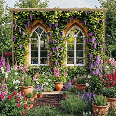Mural Gardens Ivy Covered Arched Window Garden Mural Curtain Waterproof Outdoor Tapestry Purple Wisteria Wall Art Floral Backdrop W180Cm H180Cm from B&Q