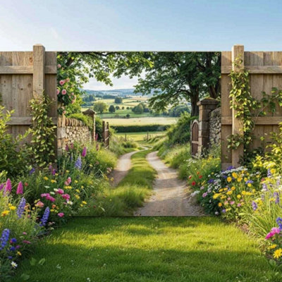 Mural Gardens Country Lane Garden Mural Stone Gate Wall Art Outdoor Fence Tapestry Rural Landscape Floral Backdrop W180Cm H180Cm from B&Q