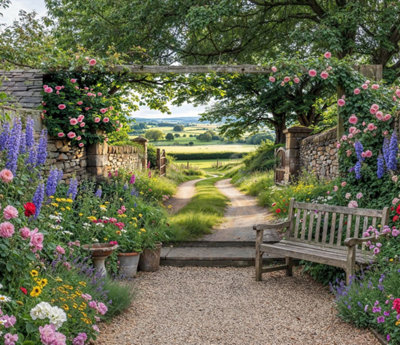 Mural Gardens Country Lane Garden Mural Curtain Waterproof Outdoor Tapestry Stone Gate Wall Art Rural Landscape Floral Backdrop W300Cm H180Cm from B&Q