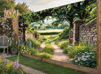 Country Lane Garden Mural Curtain Waterproof Outdoor Tapestry Stone Gate Wall Art Rural Landscape Floral Backdrop W400Cm H180Cm from B&Q