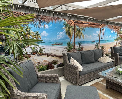 Mural Gardens Spice Coast Panoramic Beach Garden Mural Curtain Waterproof Outdoor Tapestry Tropical Island Wall Art Poolside Patio W800Cm H180Cm from B&Q