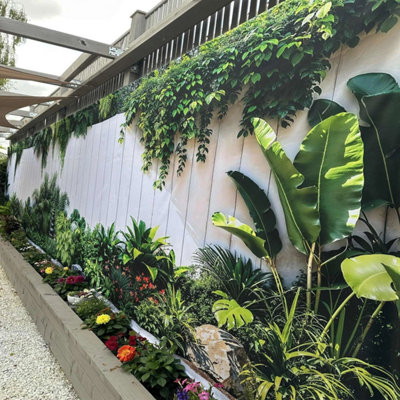 Mural Gardens Ibiza Tropical White Garden Mural Waterproof Outdoor Fence Tapestry Modern Botanical Backdrop Foliage Decor W800Cm H180Cm from B&Q