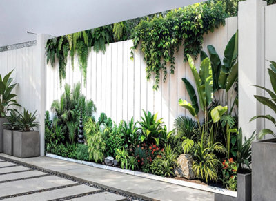 Mural Gardens Ibiza Tropical White Garden Mural Wall Art Outdoor Fence Tapestry Modern Botanical Backdrop W400Cm X H180Cm from B&Q