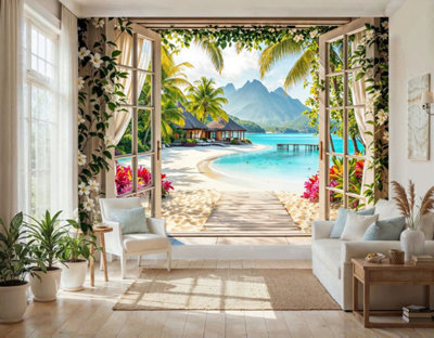 Mural Gardens Bora Bora Tropical Beach Garden Mural Curtain Waterproof Outdoor Tapestry Island Paradise Wall Art Poolside Patio W240Cm H180Cm from B&Q