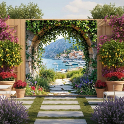 Mural Gardens Italian Riviera Garden Mural Curtain Waterproof Outdoor Tapestry Coastal Stone Archway Wall Art Backdrop W180Cm H180Cm from B&Q