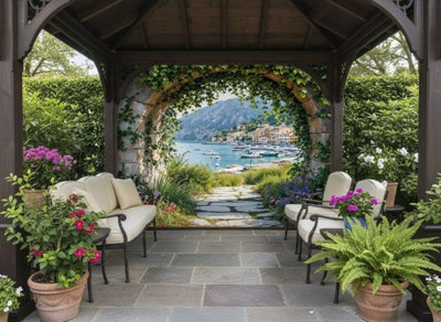 Mural Gardens Italian Riviera Garden Mural Curtain Waterproof Outdoor Tapestry Coastal Stone Archway Wall Art Patio Fence Decor W300Cm H180Cm from B&Q