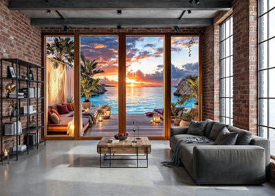 Mural Gardens Panoramic Beach Window Garden Mural Curtain Waterproof Outdoor Tapestry Sunset Ocean Gazebo Hot Tub Patio Wall Art W300Cm H180Cm from B&Q
