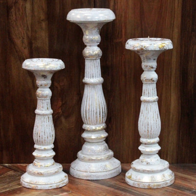 Serenityy Large White Gold Albesia Wood Candle StandHand-Carved Vintage Design from B&Q