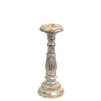 Serenityy Small Albesia Wood Candle Stand White Gold FinishHand-Carved Vintage-Style Indoor Candlestick215G. from B&Q