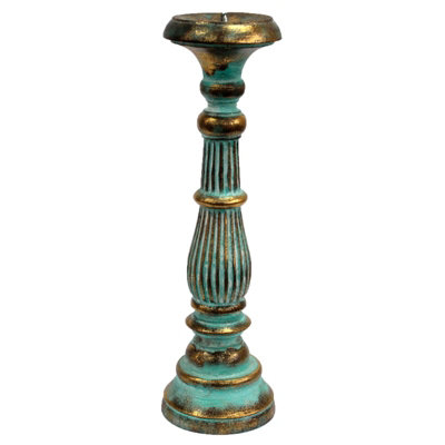 Serenityy Large Handmade Albesia Wood Candle Stand Turquoise GoldVintage Decorative Candlestick For Indoor Use from B&Q