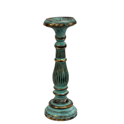 Serenityy Medium Handmade Albesia Wood Candle Stand Turquoise GoldHand-Carved Vintage Decorative Candlestick from B&Q