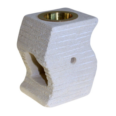 Serenityy Stepped Wave Stone Oil Burner BeigeHand-Carved Indonesian Sandstone With Glass Bowl from B&Q