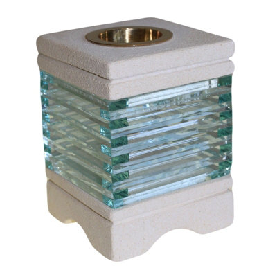 Serenityy Hand-Carved Indonesian Sandstone Oil Burner With Square Glass Brick InsetClear And Beige780G from B&Q